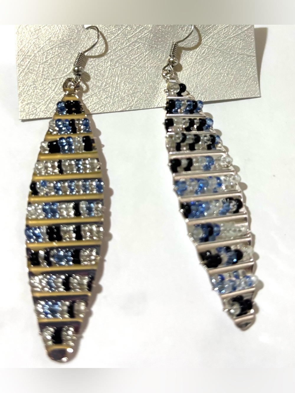 Blue, Black & Silver Beaded Stripe Drop Earrings